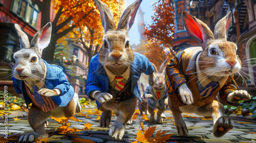 rabbits in jackets and ties running through an autumn street with fallen leaves