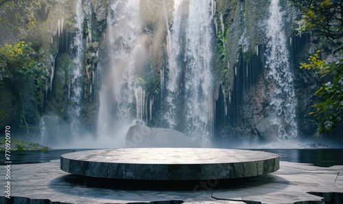 Empty Round Podium in the Middle of Waterfall Valley Background with Copy Space. A Stage Amidst Waterfall Valley