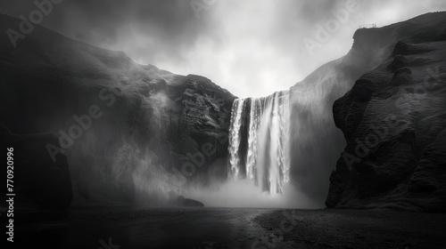 A waterfall is shown in a black and white photo. The waterfall is surrounded by rocks and he is misty photo