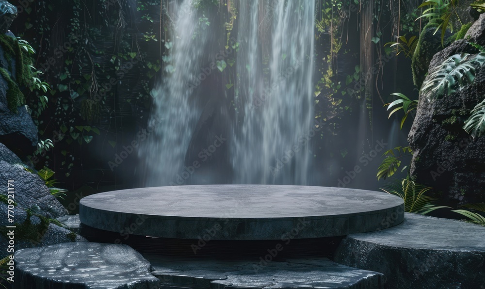 Empty Round Podium in the Middle of Waterfall Valley Background with Copy Space. A Stage Amidst Waterfall Valley