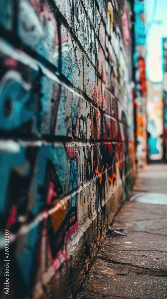 Fototapeta premium A sidewalk with a graffiti wall in the background. Generative AI.