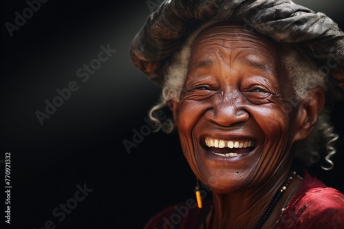 African American old, elderly woman laughs. portrait of a crazy grandmother, senior. happy retirement age.