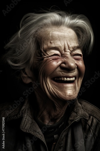 old  elderly woman laughs. portrait of a crazy grandmother  senior. happy retirement age.