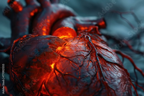 A close up of a human heart with flames coming out. Generative AI.