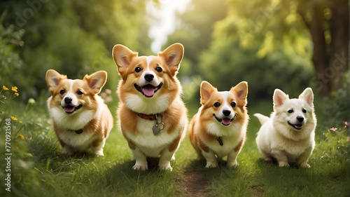 A corgi dog and his fluffy companions stroll down the summer path's verdant grass.