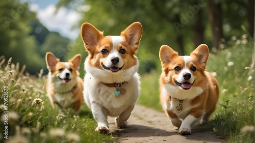 A  corgi  dog  and  his  fluffy  companions  stroll  down  the  summer  path s  verdant  grass.