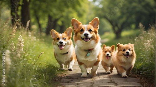 A corgi dog and his fluffy companions stroll down the summer path's verdant grass.