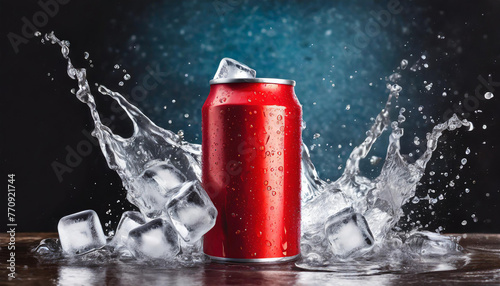 Red aluminum can mockup with dynamic water splash and ice cubes. Beer or soda drink package.