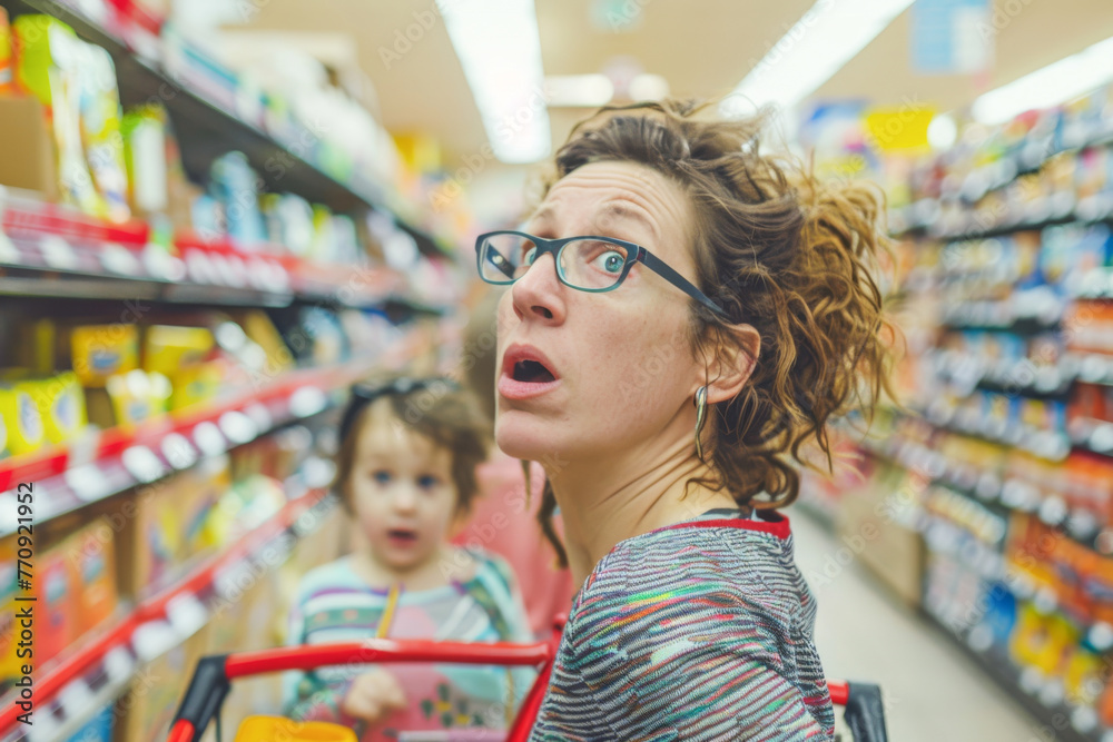 Shocked mother with daughter in shopping cart looking at products in supermarket

