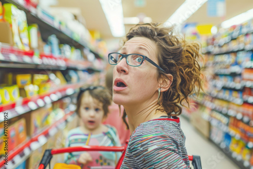 Shocked mother with daughter in shopping cart looking at products in supermarket 