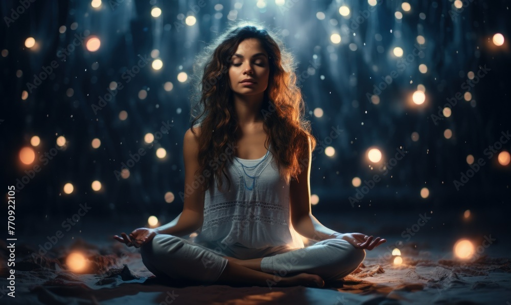 Tranquil female in lotus position amidst starry cosmos