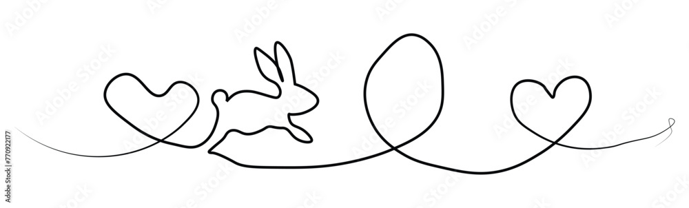 Rabbit and egg design for easter day line art style Happy Easter black linear lettering with swooshes. Hand drawn elegant modern vector calligraphy. Design for holiday greeting card, eps10