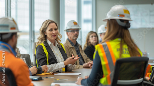 construction site manager giving presentation to group people in the conference room