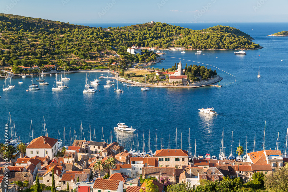 Vis town, Franciscan monastery and harbour, Vis Island, Croatia