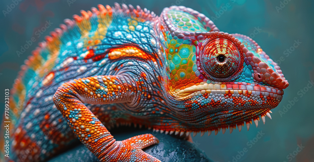A colorful chameleon with vibrant scales and intricate patterns in a closeup shot against a soft blue background. Created with Ai