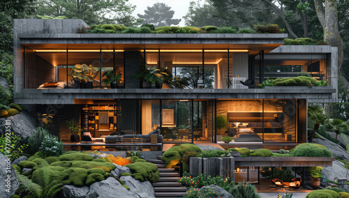 A black house with glass windows and modern architecture, surrounded by lush greenery, featuring an indoor pond with lotus flowers. Created with Ai