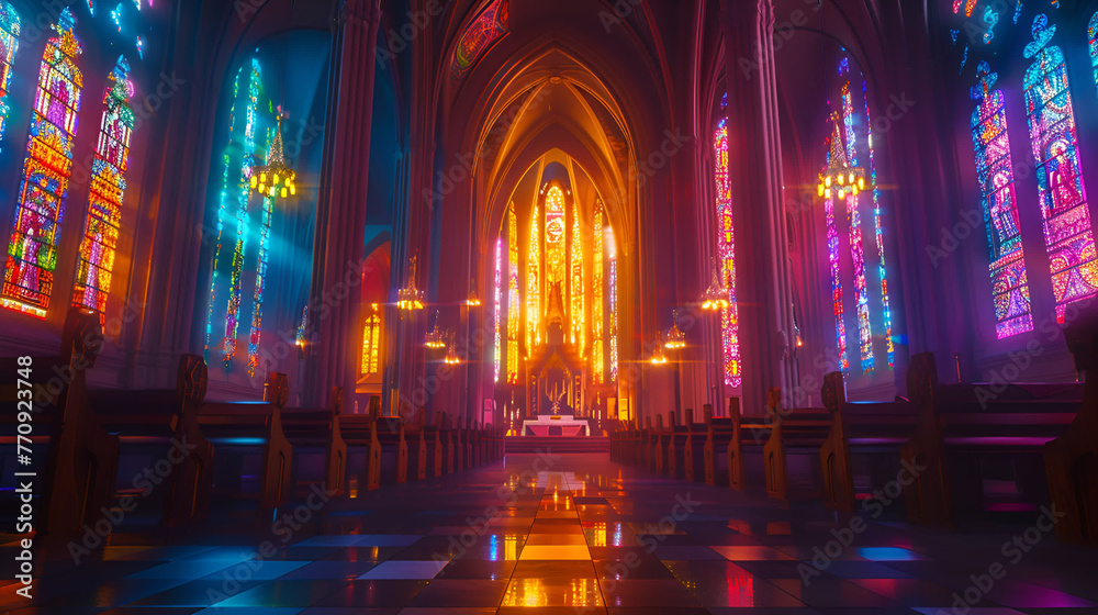 the inside of a church with stained glass windows at night