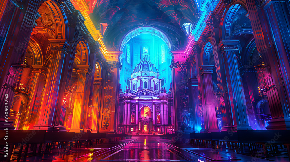 a colorful painting of a church with neon lights a colorful painting of a church with neon lights
