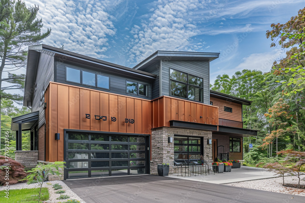 High-end modern home, newly built, with a two-car garage, wrapped in a chic copper siding and complemented by a natural stone wall trim.