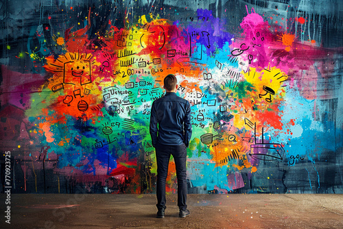 A man looking at a colorful graffiti wall with playful drawings and bright paint splatters.