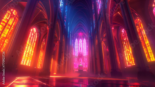 a cathedral with stained glass windows is lit up at night