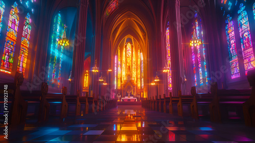 the inside of a church with stained glass windows at night