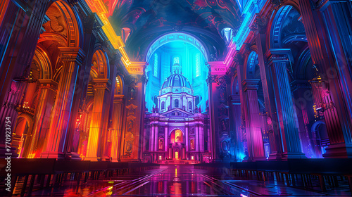 a colorful painting of a church with neon lights