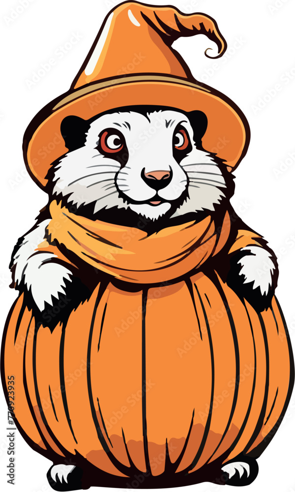 Illustration of a hamster marmot in a pumpkin costume wearing a hat and scarf Illustration of a hamster marmot in a pumpkin costume wearing a hat and scarf