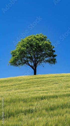 Lone Tree on Grassy Hill Under Blue Sky