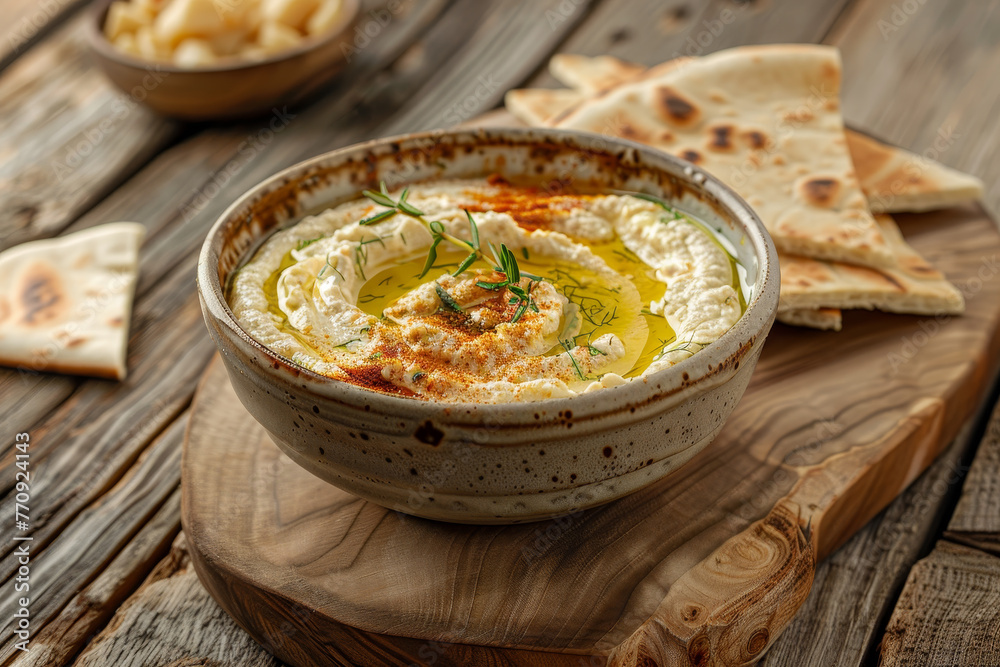 A bowl of hummus is on a wooden table with a plate of pita bread A bowl of hummus is on a wooden table with a plate of pita bread