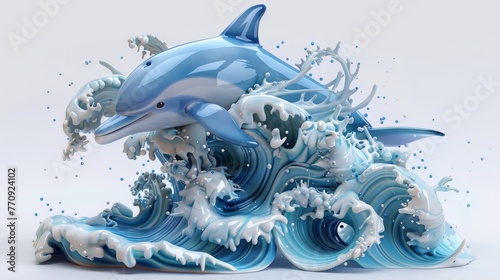Wallpaper Mural A blue and white dolphin is swimming in a wave. The image has a playful and lively mood, as the dolphin appears to be enjoying the water and the waves Torontodigital.ca
