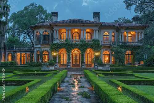 A stunning photograph shows the front view exterior of an elegant mansion in Houston, Texas. It has large windows and a beautifully manicured lawn surrounded by hedges at dusk. Created with Ai
