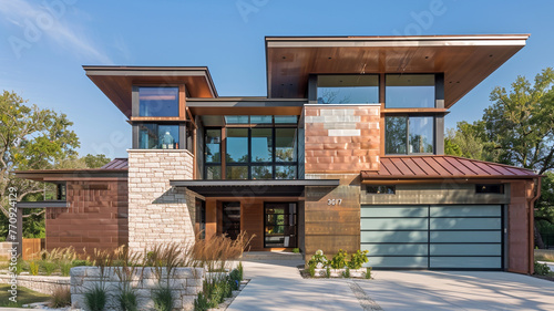 Luxurious modern home without a garage, wrapped in chic copper siding and complemented by natural stone wall trim, focusing on a sleek and elegant design. © Nusrat arts 
