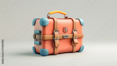 A bright orange suitcase with a yellow handle sits on a white background. The suitcase is made of leather and has a gold buckle