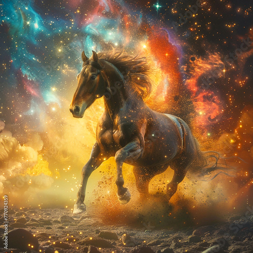 Photorealistic dark cosmic scene roan horse galloping surreal atmosphere with psychedelic effects intense gaze