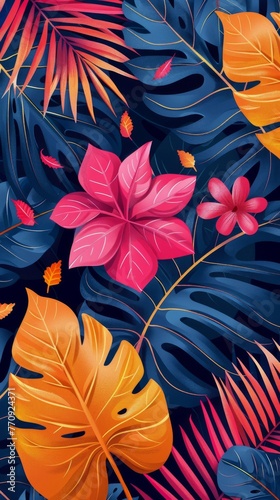 Vibrant Blue Background With Pink and Yellow Flowers and Leaves