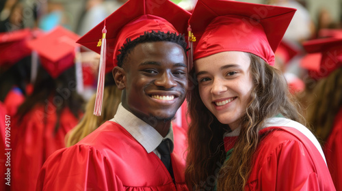 International Student's Day, world, portrait of a happy European girl and an African-American guy in a red academic cap, graduation celebration, friendship, couple