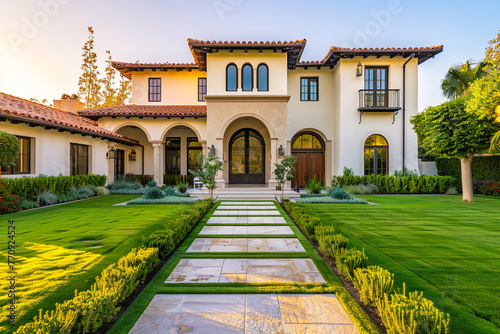 Majestic newly built residence with a lush lawn, stone walkway, leading to an opulent front porch and doorway, captured in morning light. © Nusrat arts 