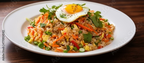 A dish of fried rice with a sunnysideup fried egg on top, a staple food in many Asian cuisines. It is served on a plate with fines herbes garnish