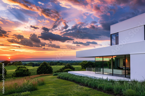 Modern white home with sweeping views of lush grassland and a dynamic sky at sunset, epitomizing peace and architectural innovation. © Nusrat arts 