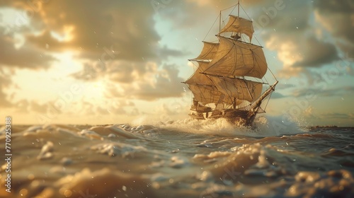 A large ship sails through the ocean with a cloudy sky in the background. Scene is calm and peaceful, as the ship glides through the water