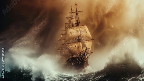 A large ship is in the middle of a stormy sea. The waves are crashing against the ship, and the sky is dark and ominous. Scene is one of danger and uncertainty