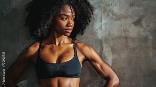 Woman Afro American fitness model in top with well defined abdominal muscles