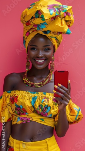 Woman in Yellow Outfit Holding Cell Phone