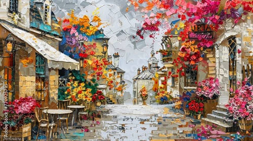 A painting of a street with a lot of flowers and awnings. The painting is very colorful and lively