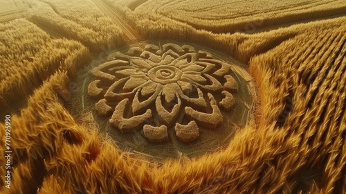 A large circle of grain is spread across a field. The circle is made of wheat and is surrounded by a field of tall grass. The circle is large and has a lot of detail, making it look like a work of art photo