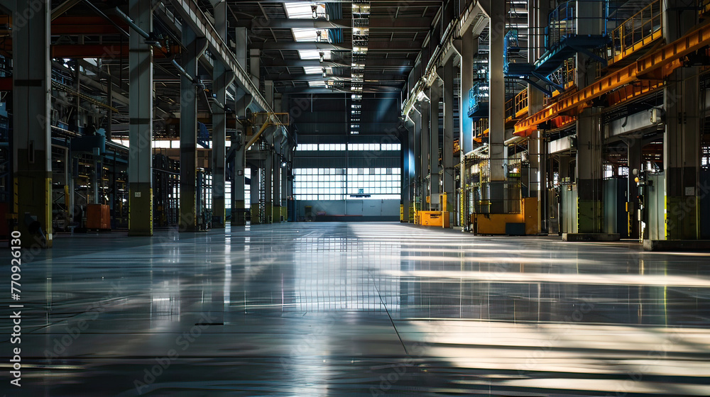 An empty factory floor, symbols of halted production and growth slowing down in the shadowy light