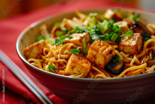 A bowl of noodles with tofu and vegetables