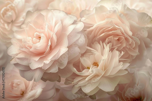 Elegant camellia blossoms in shades of pale pink and creamy white, their lush petals unfurling in a graceful display of natural beauty. © umair