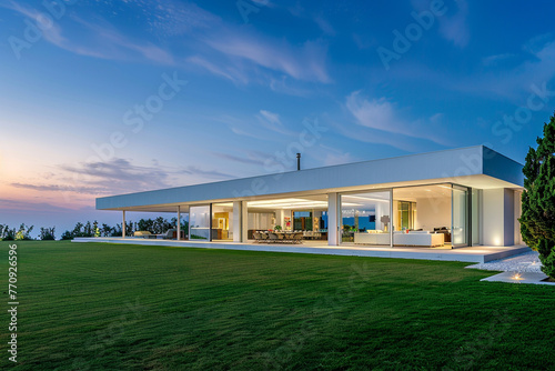 White, sleek villa overlooking a pristine lawn, under the expansive twilight sky, demonstrating modern elegance and open-air living. © Nusrat arts 